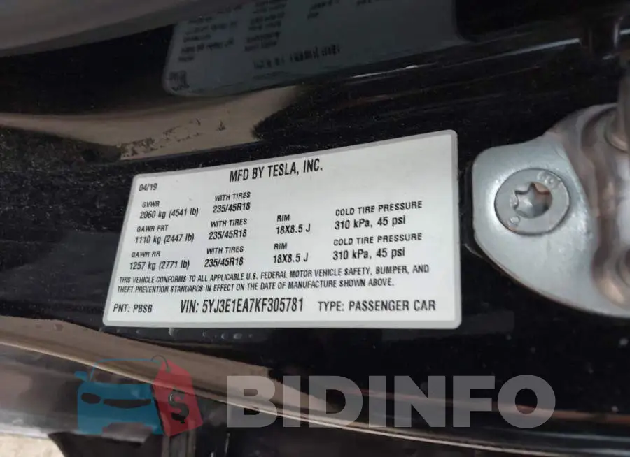 5YJ3E1EA7KF305781 Photo# 9