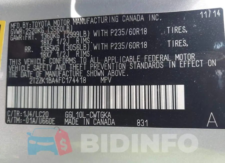 2T2ZK1BA4FC174418 Photo# 9