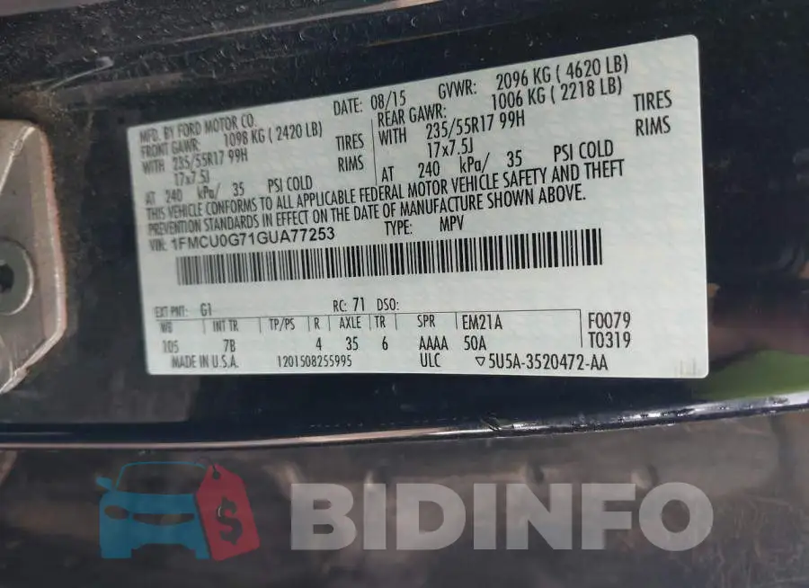 1FMCU0G71GUA77253 Photo# 9