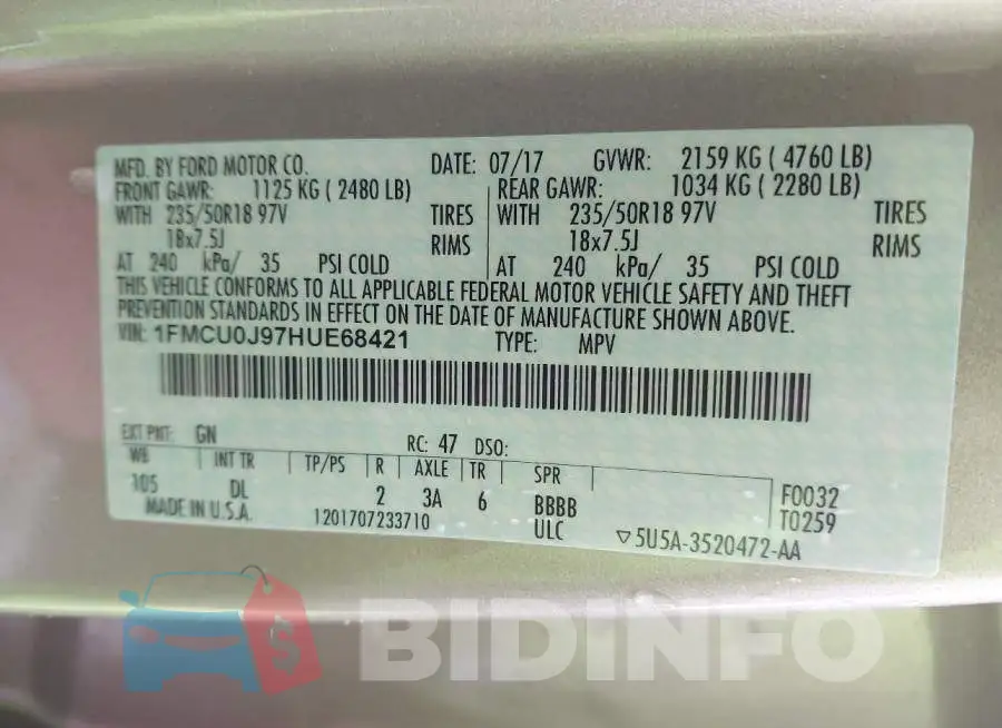 1FMCU0J97HUE68421 Photo# 9
