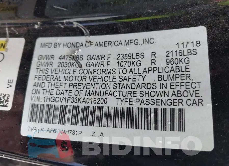 1HGCV1F33KA016200 Photo# 9