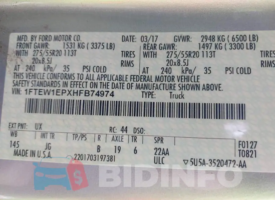 1FTEW1EPXHFB74974 Photo# 9
