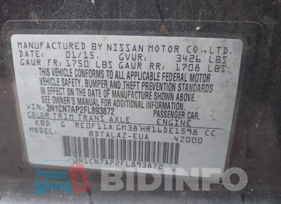 3N1CN7AP2FL893872 Photo# 9