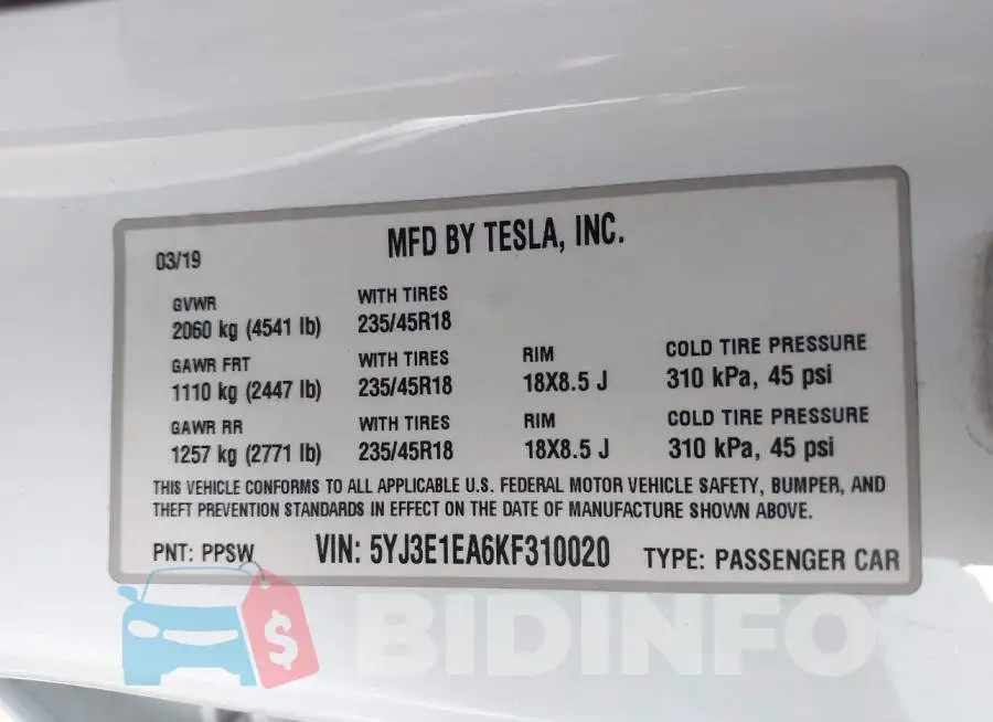 5YJ3E1EA6KF310020 Photo# 9