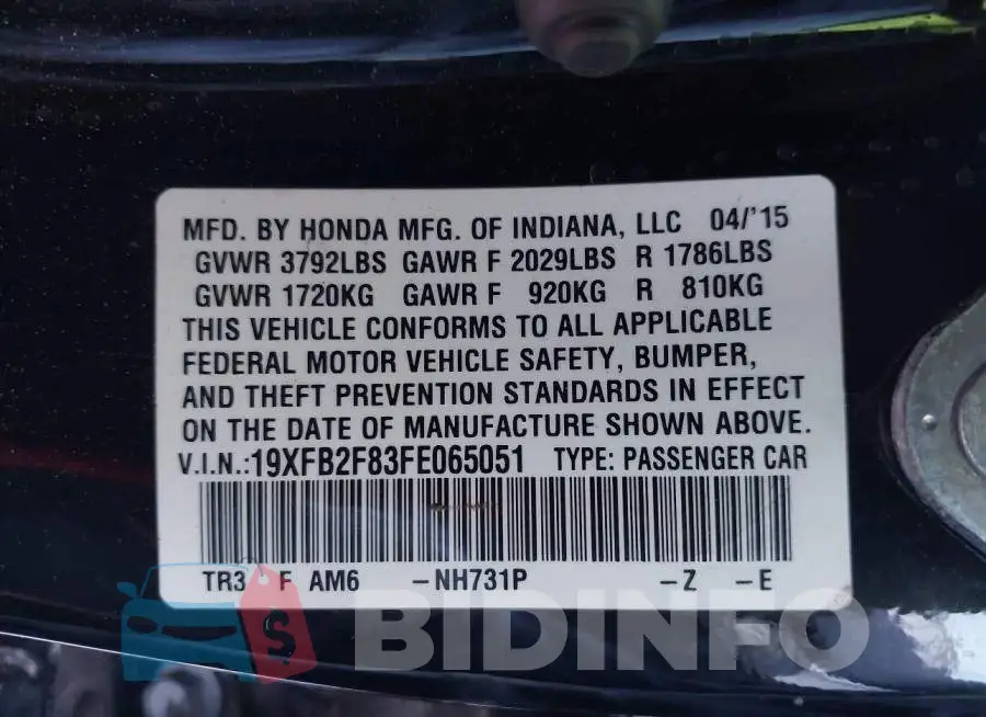19XFB2F83FE065051 Photo# 9