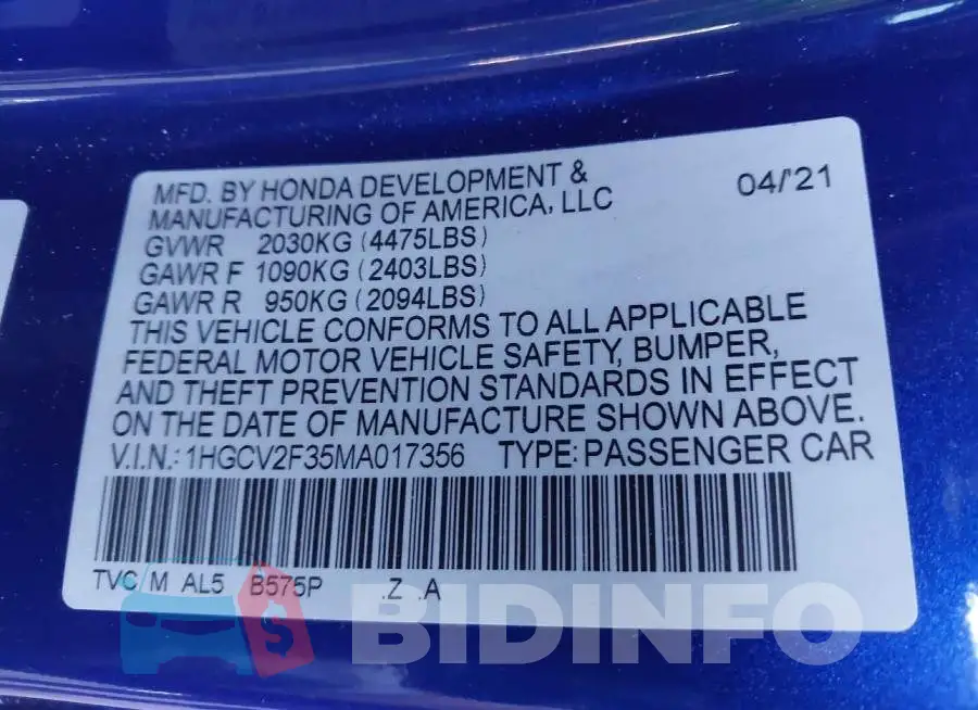1HGCV2F35MA017356 Photo# 9