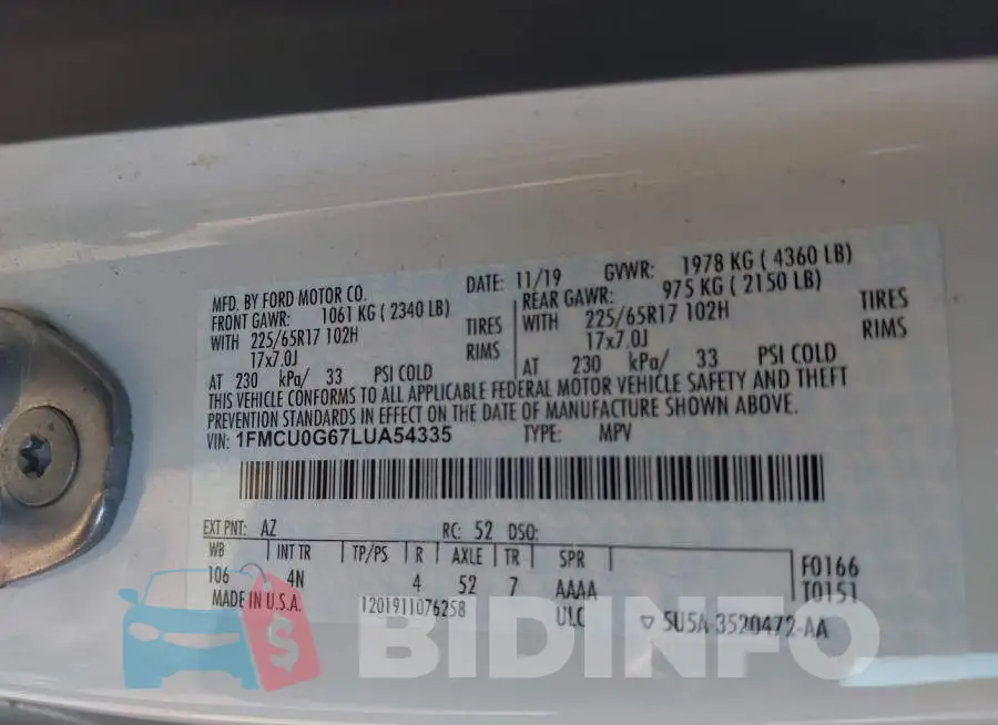 1FMCU0G67LUA54335 Photo# 9
