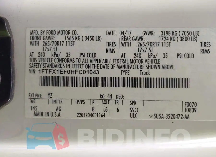 1FTFX1EF0HFC01043 Photo# 9