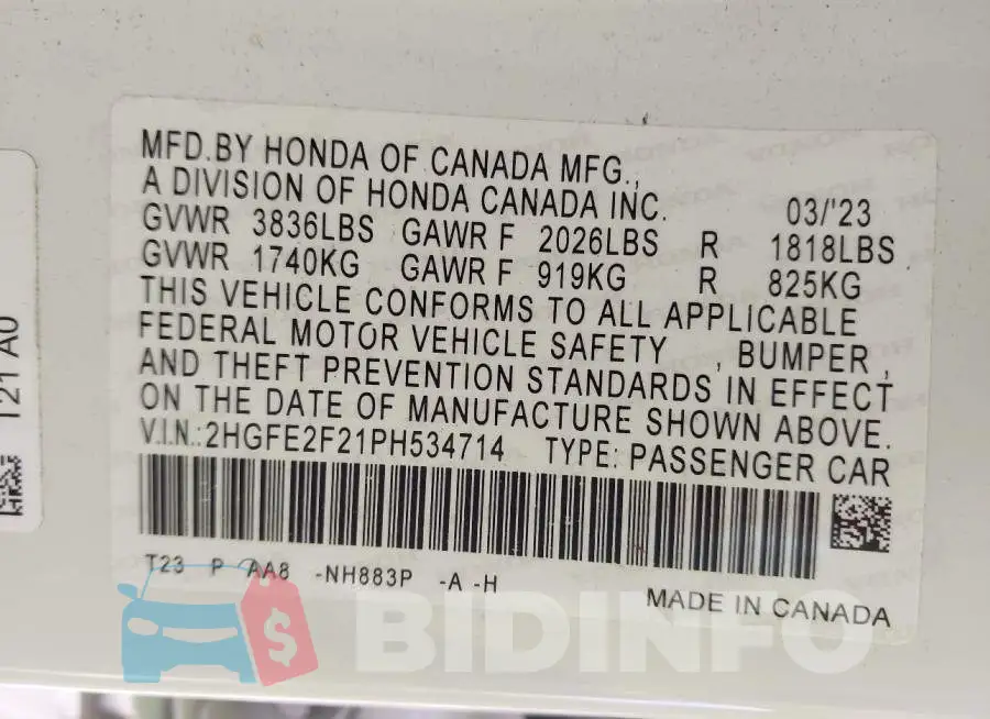 2HGFE2F21PH534714 Photo# 9
