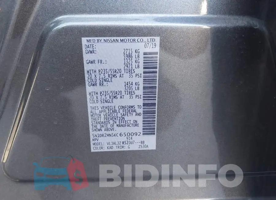 5N1DR2MN5KC650092 Photo# 9
