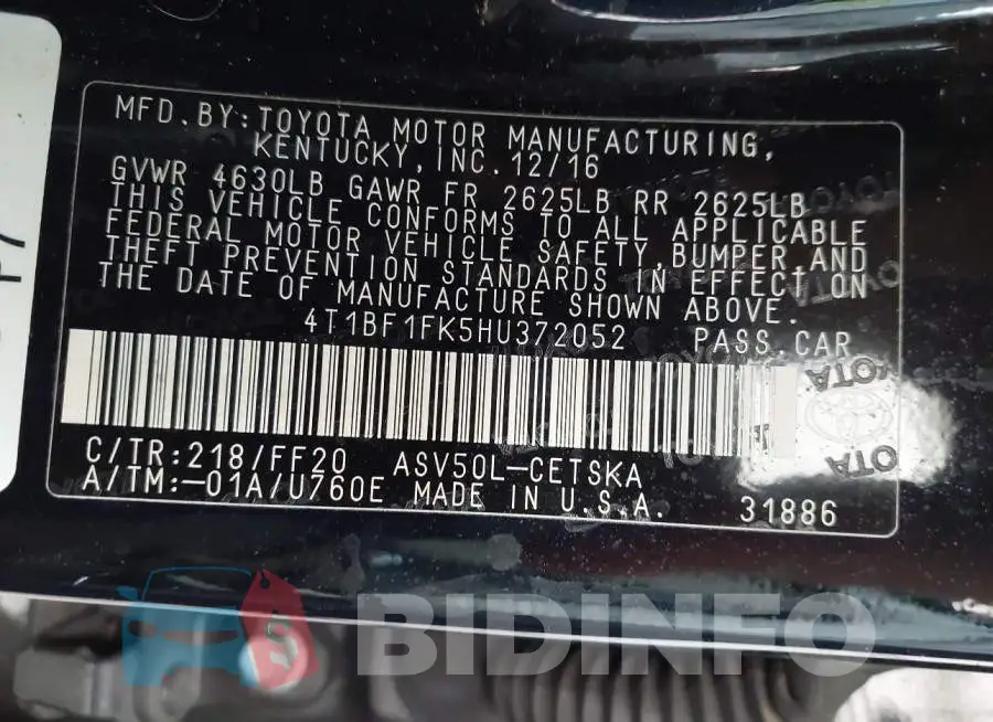 4T1BF1FK5HU372052 Photo# 9