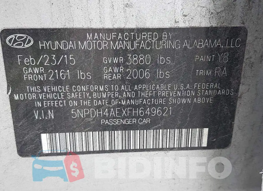 5NPDH4AEXFH649621 Photo# 9