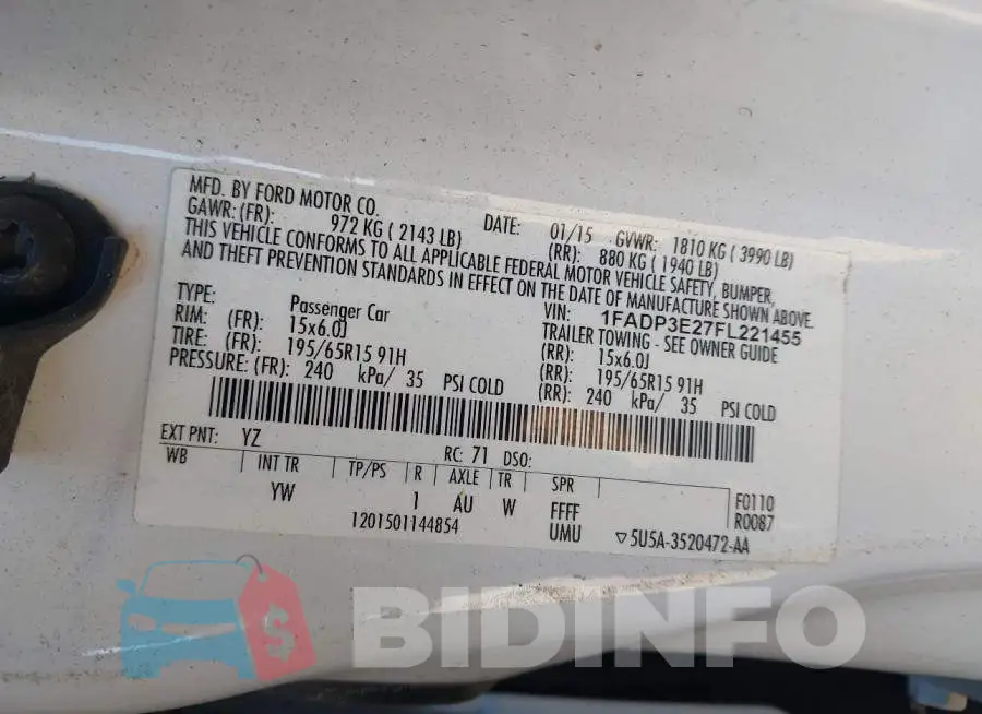 1FADP3E27FL221455 Photo# 9
