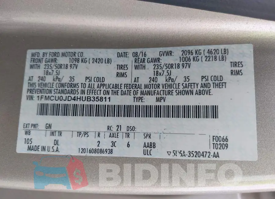 1FMCU0JD4HUB35811 Photo# 9