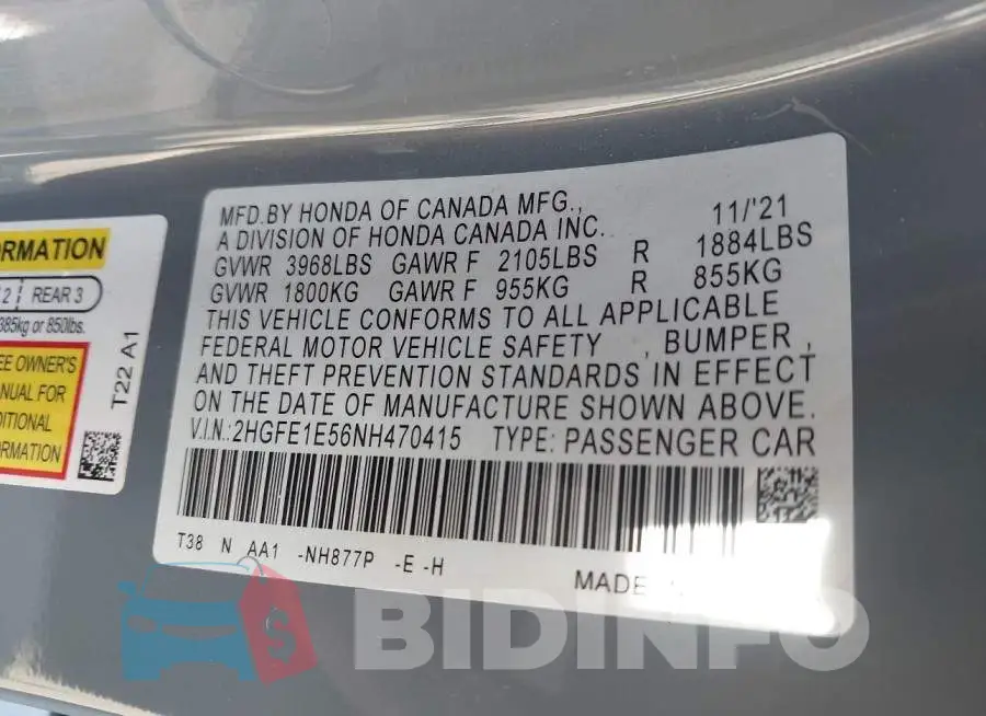 2HGFE1E56NH470415 Photo# 9