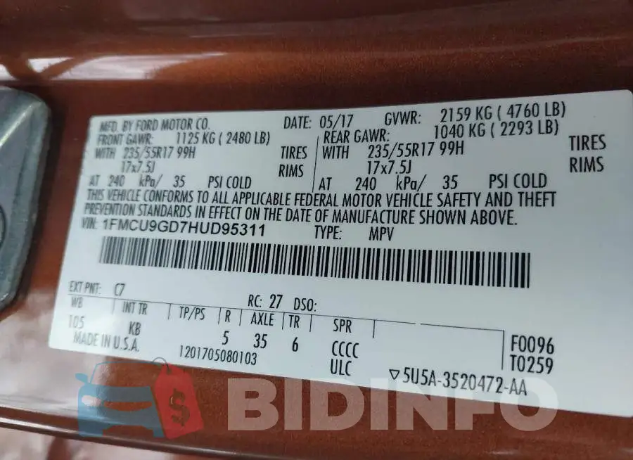 1FMCU9GD7HUD95311 Photo# 9