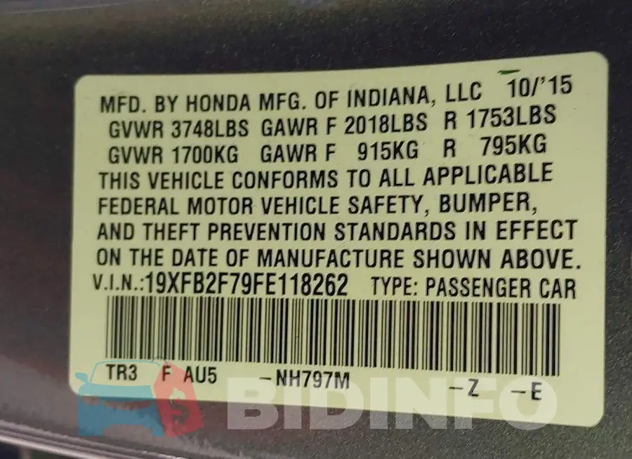 19XFB2F79FE118262 Photo# 9
