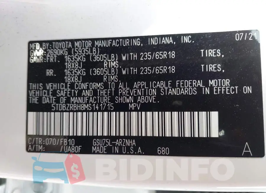5TDBZRBH8MS141715 Photo# 9