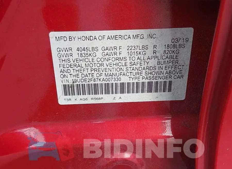 19UDE2F87KA007330 Photo# 9