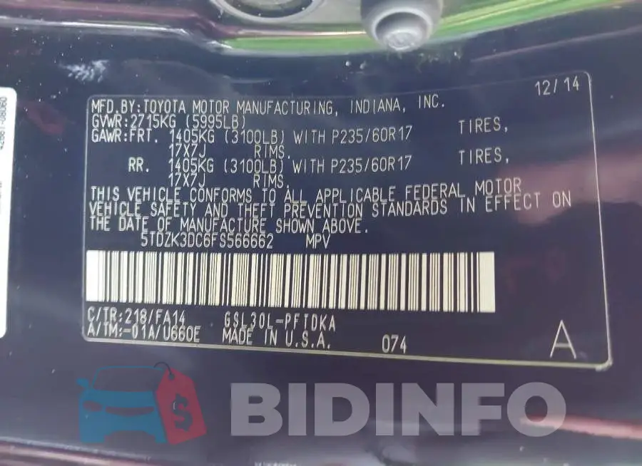 5TDZK3DC6FS566662 Photo# 9