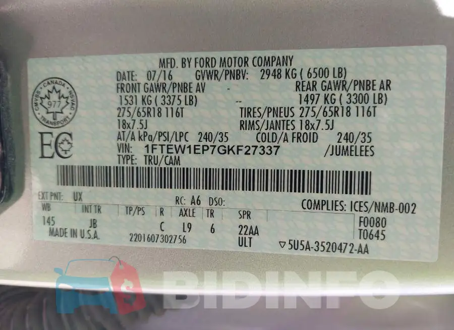 1FTEW1EP7GKF27337 Photo# 9