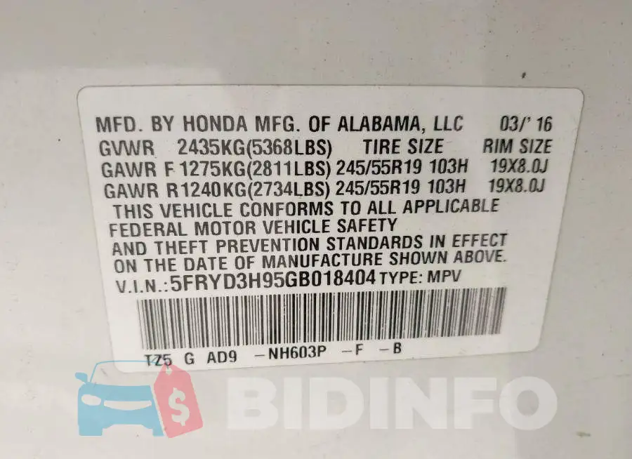 5FRYD3H95GB018404 Photo# 9