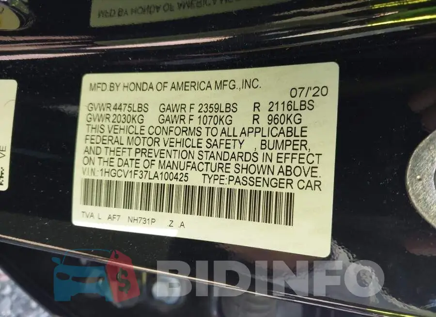 1HGCV1F37LA100425 Photo# 9