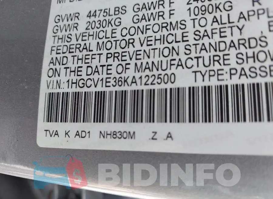 1HGCV1E36KA122500 Photo# 9