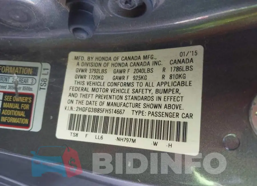 2HGFG3B85FH514667 Photo# 9
