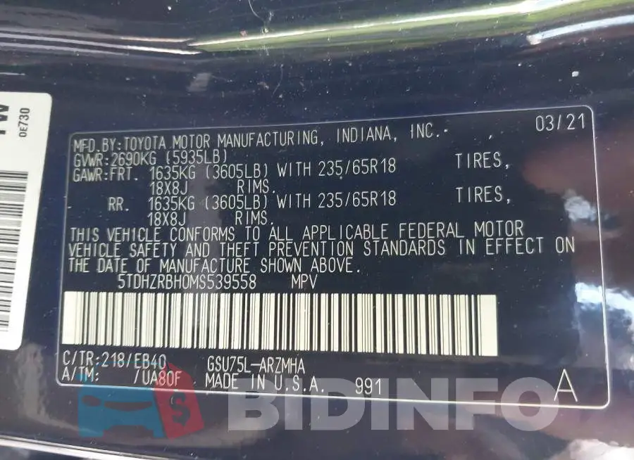 5TDHZRBH0MS539558 Photo# 9