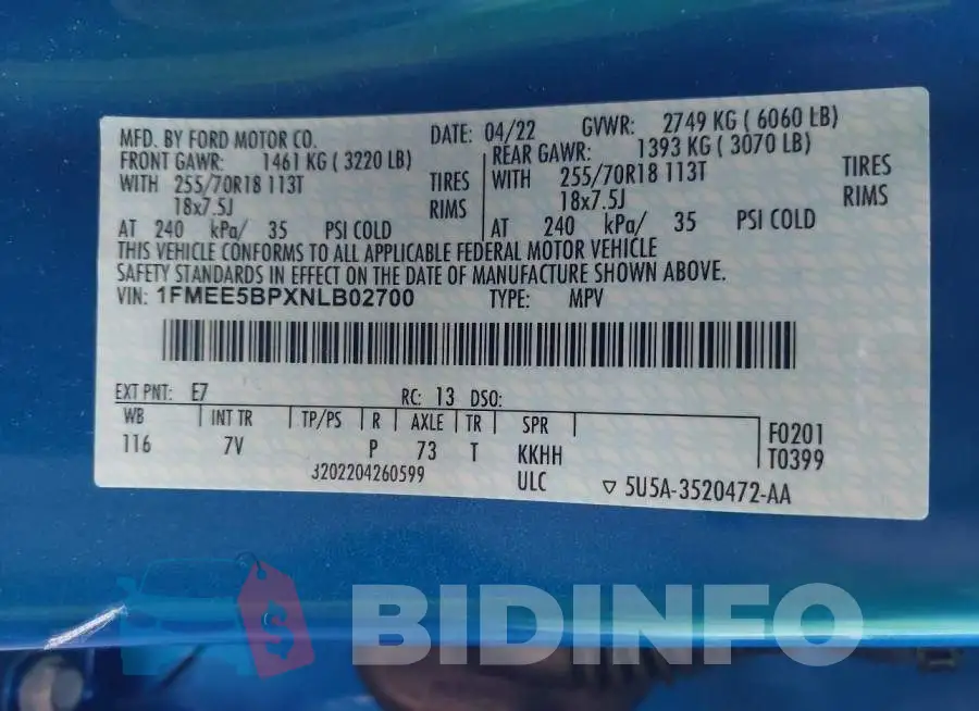 1FMEE5BPXNLB02700 Photo# 9