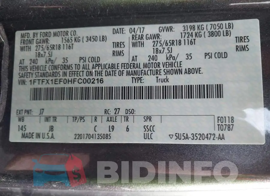 1FTFX1EF0HFC00216 Photo# 9