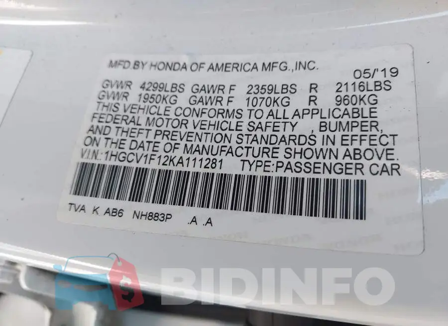 1HGCV1F12KA111281 Photo# 9