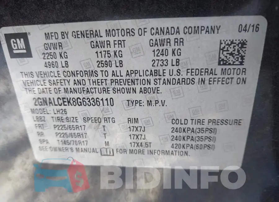 2GNALCEK8G6336110 Photo# 9
