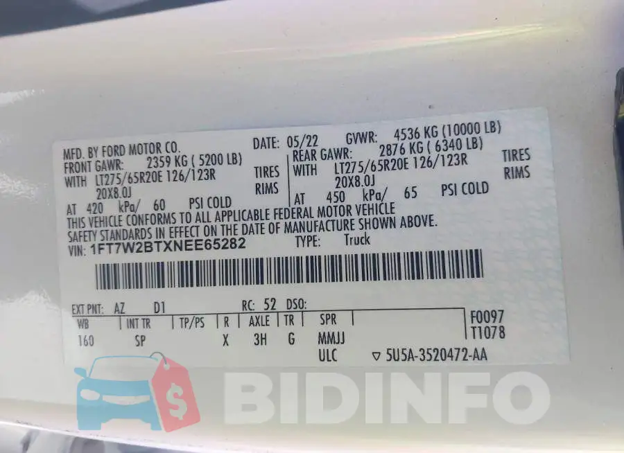 1FT7W2BTXNEE65282 Photo# 9