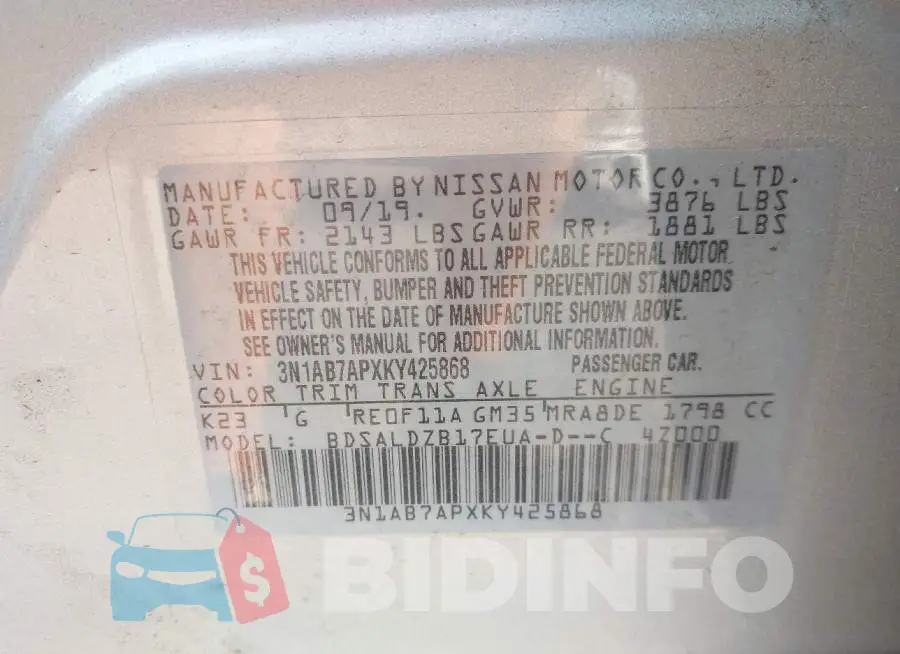 3N1AB7APXKY425868 Photo# 9