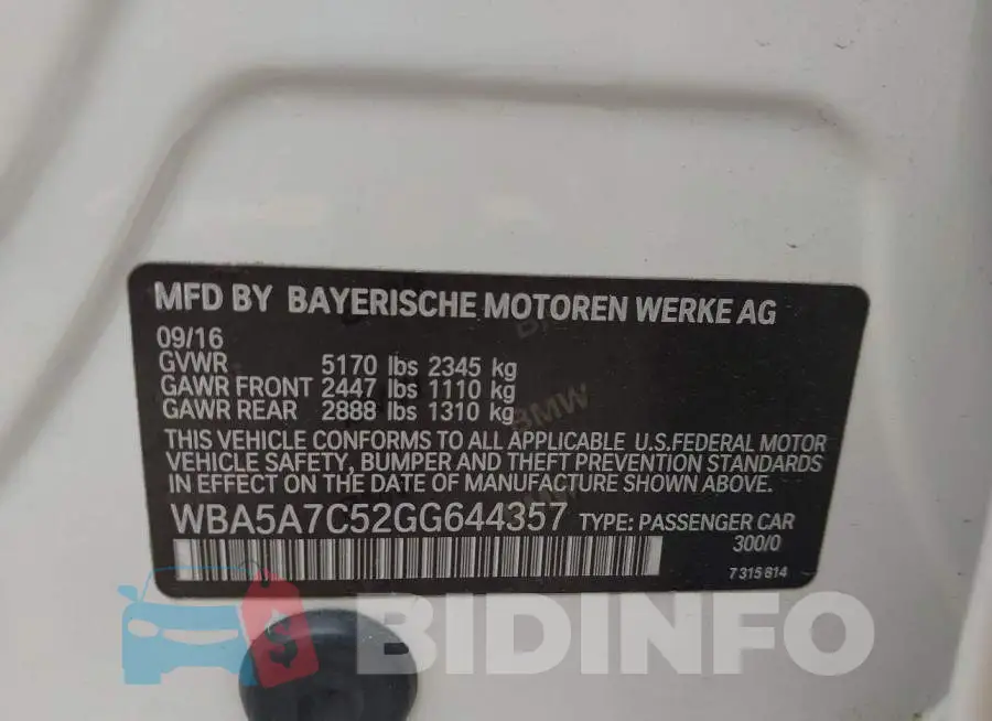 WBA5A7C52GG644357 Photo# 9