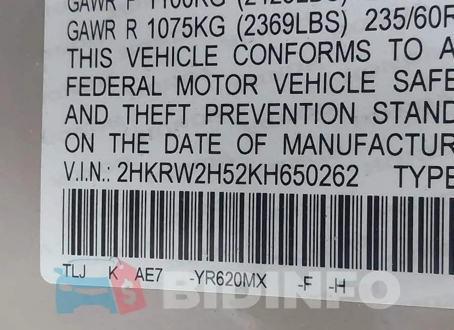 2HKRW2H52KH650262 Photo# 9