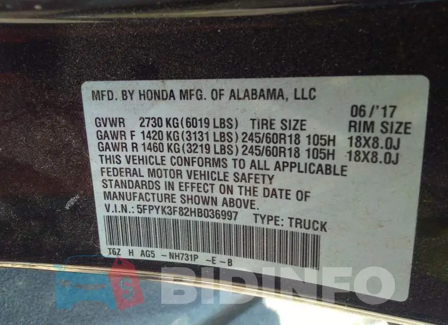 5FPYK3F82HB036997 Photo# 9