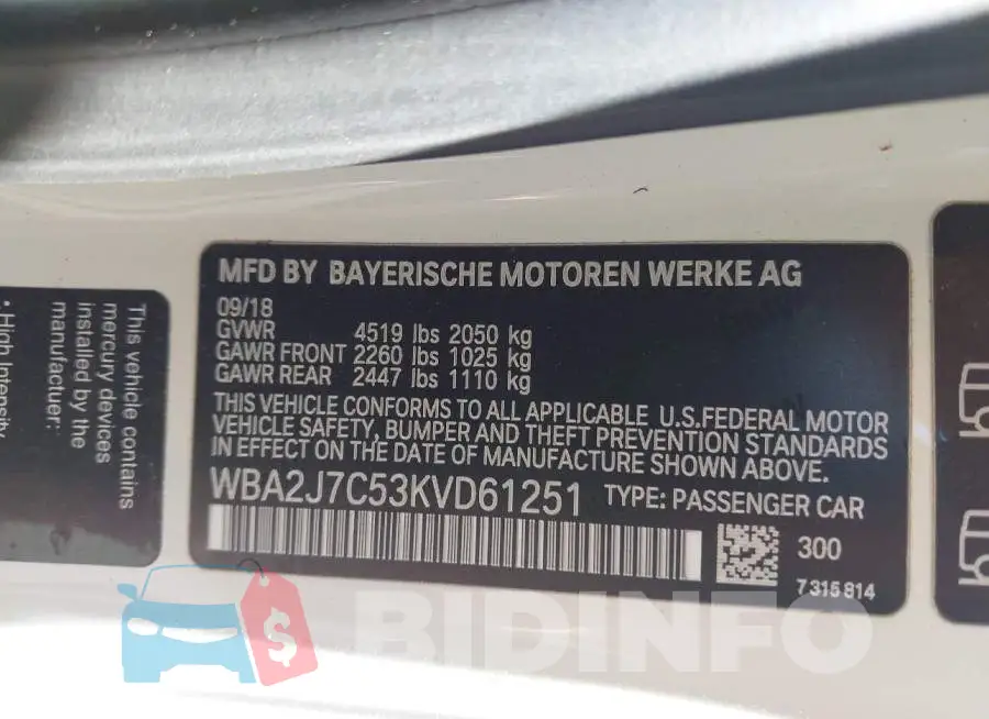 WBA2J7C53KVD61251 Photo# 9
