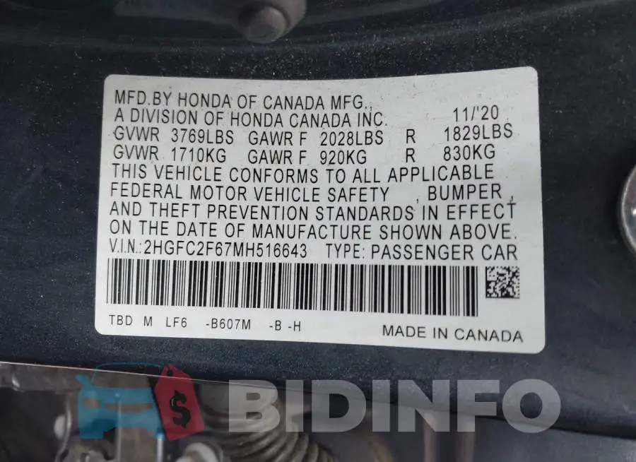 2HGFC2F67MH516643 Photo# 9