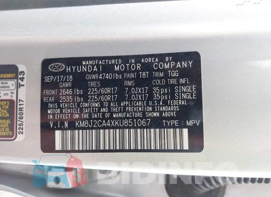 KM8J2CA4XKU851067 Photo# 9