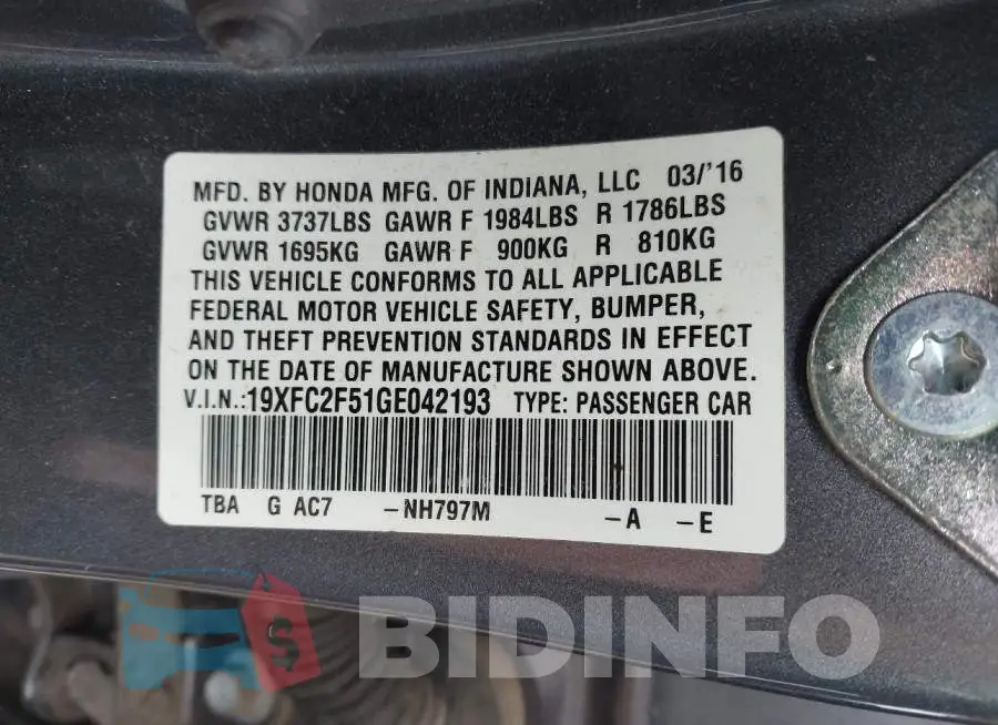 19XFC2F51GE042193 Photo# 9