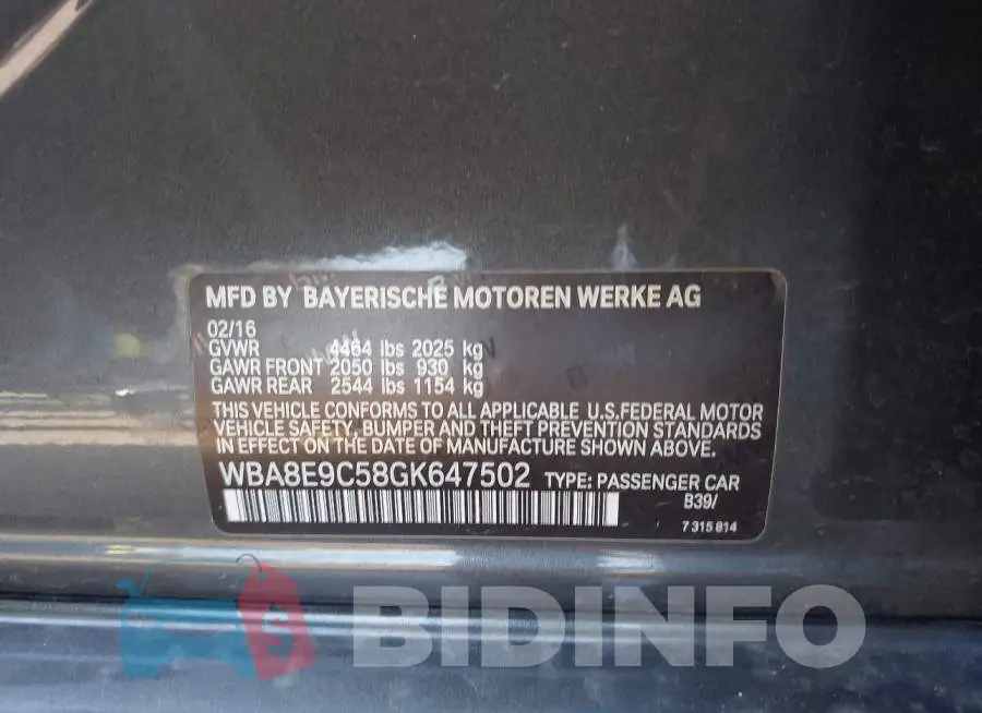 WBA8E9C58GK647502 Photo# 9