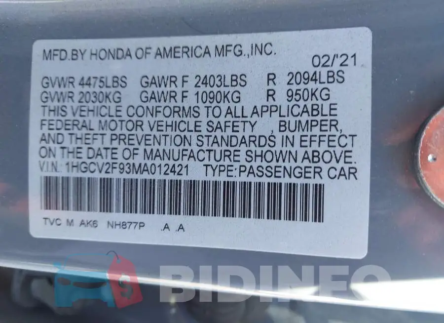1HGCV2F93MA012421 Photo# 9