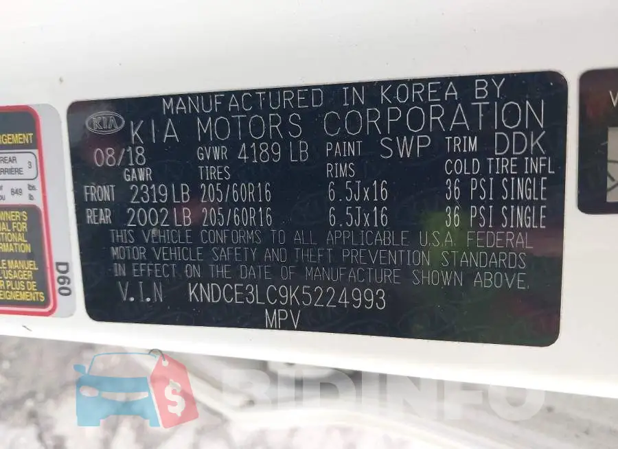 KNDCE3LC9K5224993 Photo# 9