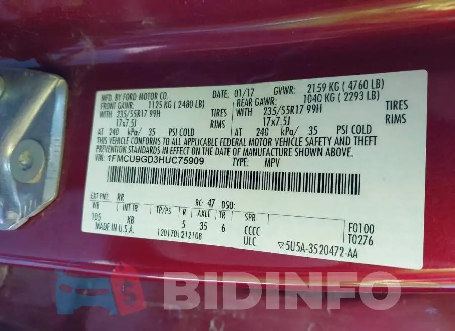 1FMCU9GD3HUC75909 Photo# 9