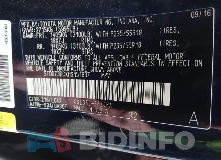 5TDDZ3DCXHS151837 Photo# 9