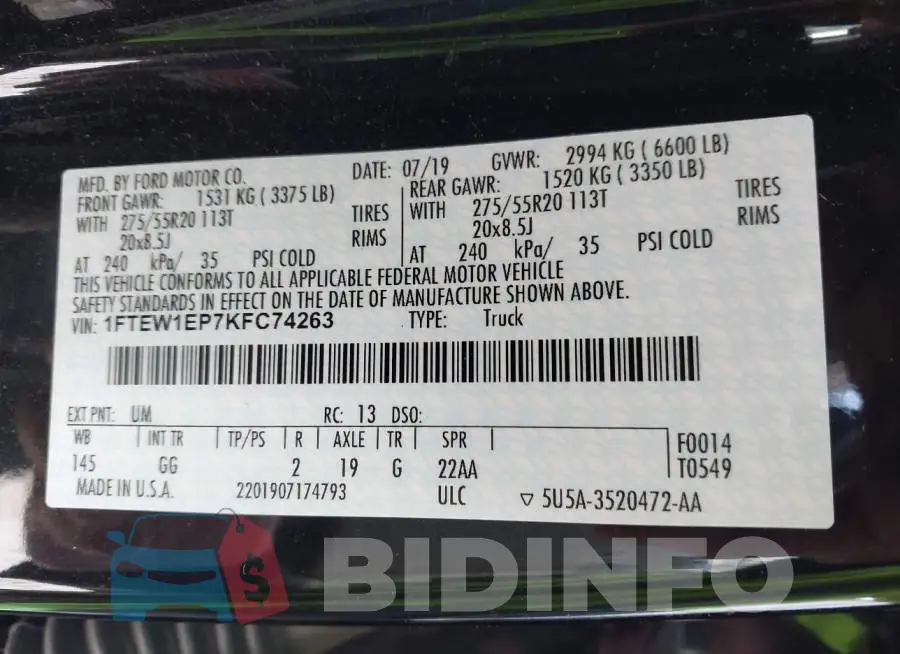 1FTEW1EP7KFC74263 Photo# 9