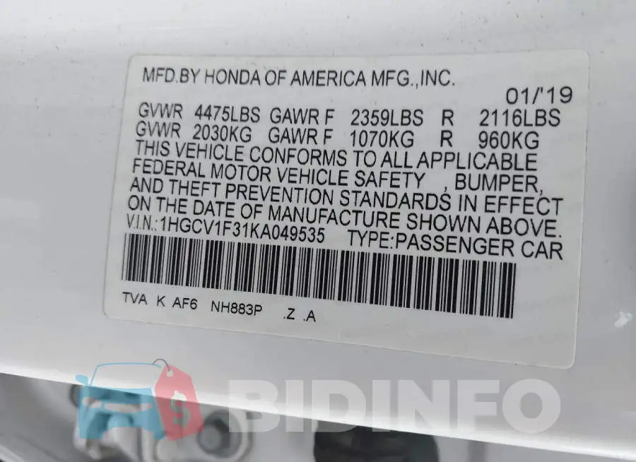 1HGCV1F31KA049535 Photo# 9